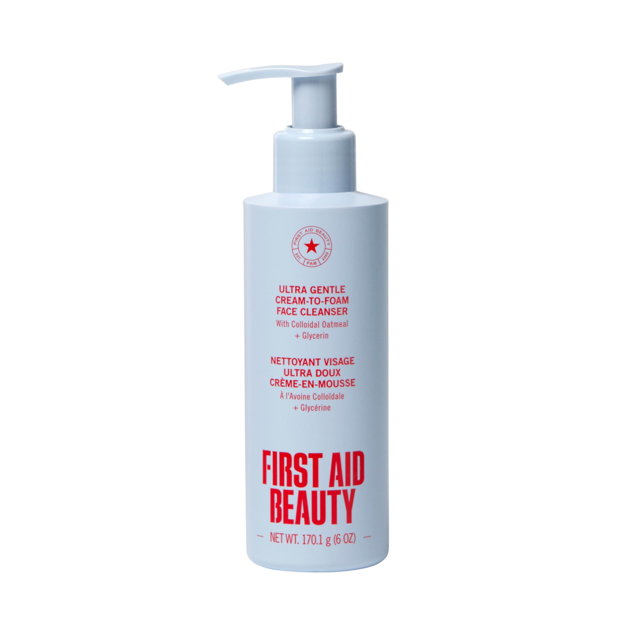 First Aid Beauty Ultra Gentle cleanser bottle pour for easy daily makeup removal