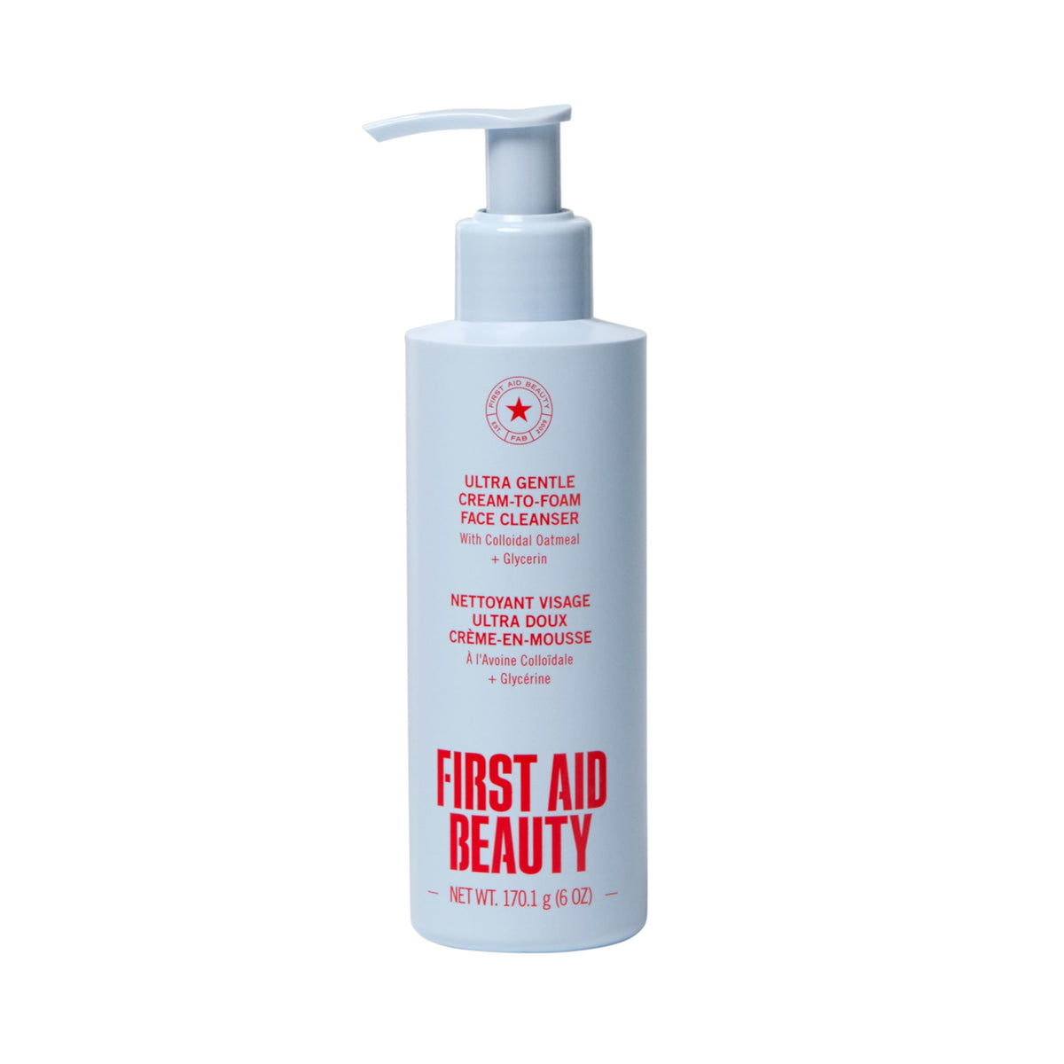 First Aid Beauty Ultra Gentle cleanser bottle pour for easy daily makeup removal