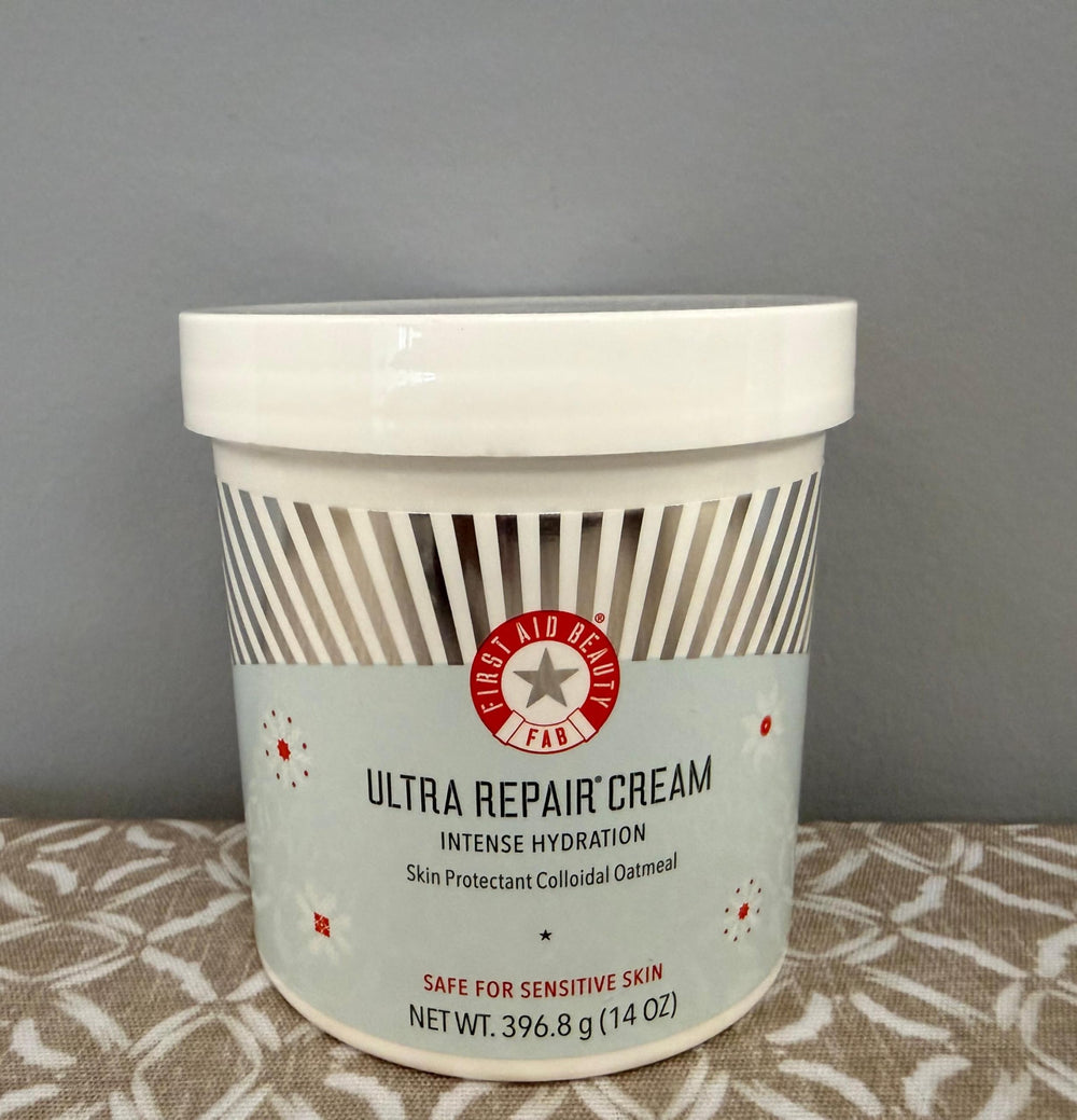 First Aid Beauty Ultra Repair Cream on bathroom shelf for daily use