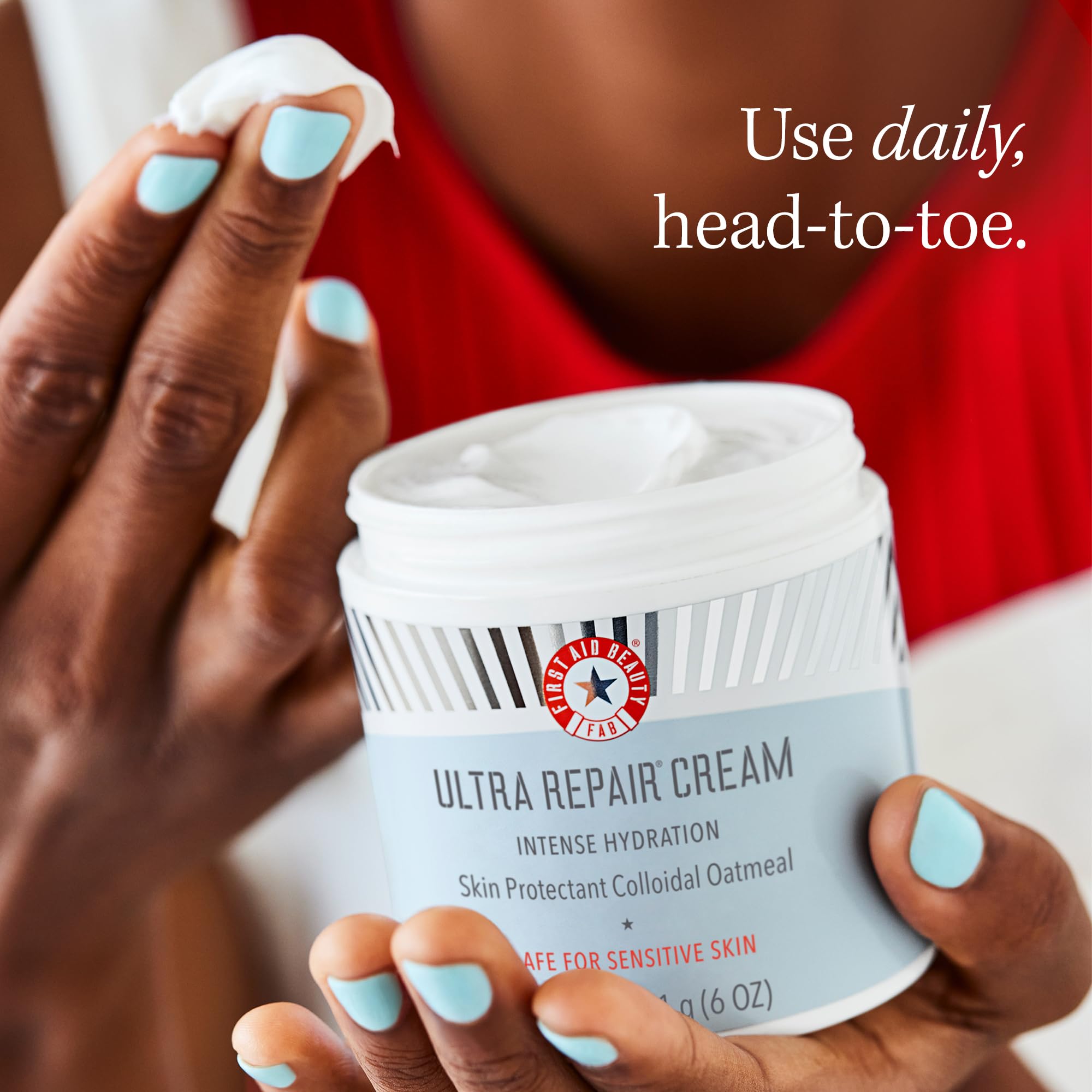First Aid Beauty Ultra Repair Cream close-up of colloidal oatmeal ingredients.