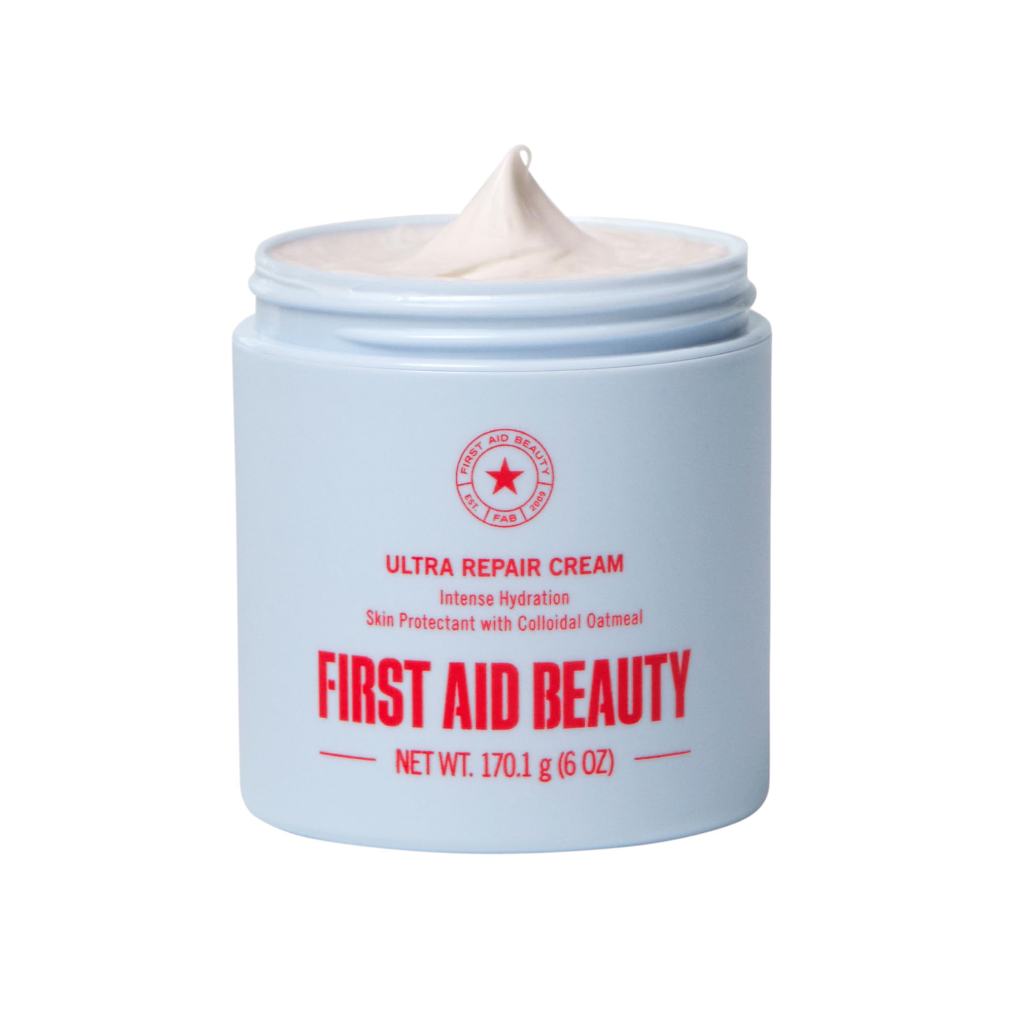 First Aid Beauty Ultra Repair Cream jar close-up showing rich, non-greasy hydration.