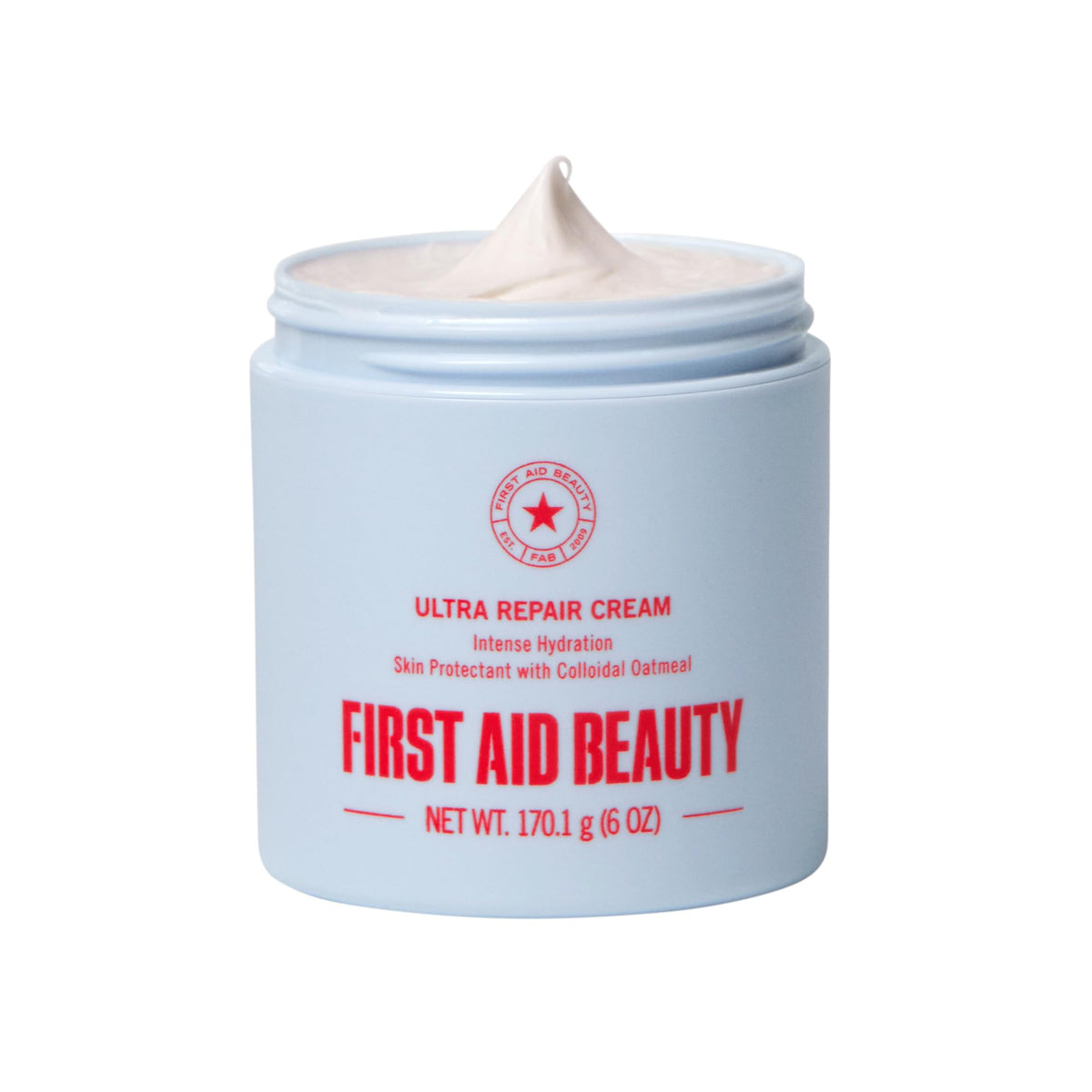 First Aid Beauty Ultra Repair Cream jar close-up showing rich, non-greasy hydration.