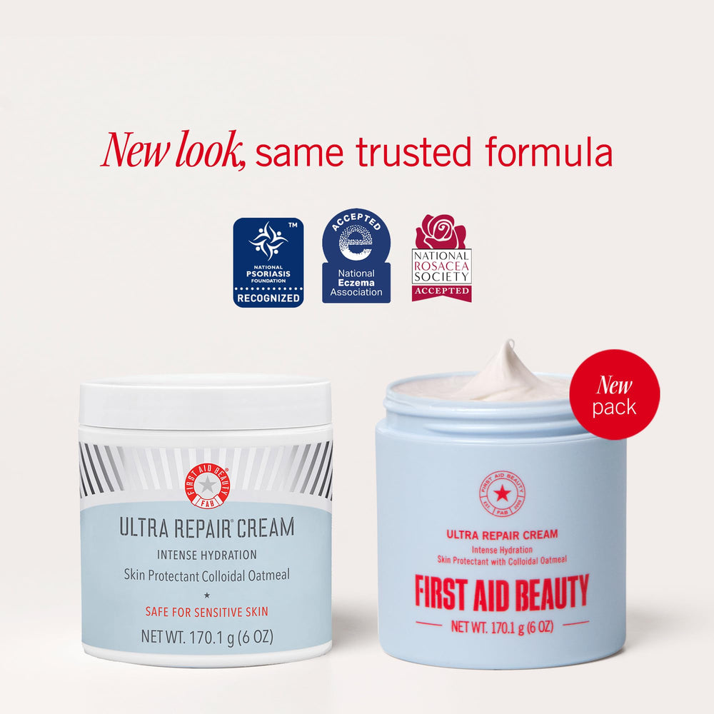 First Aid Beauty Ultra Repair Cream whipped texture close-up highlighting lightweight absorption.