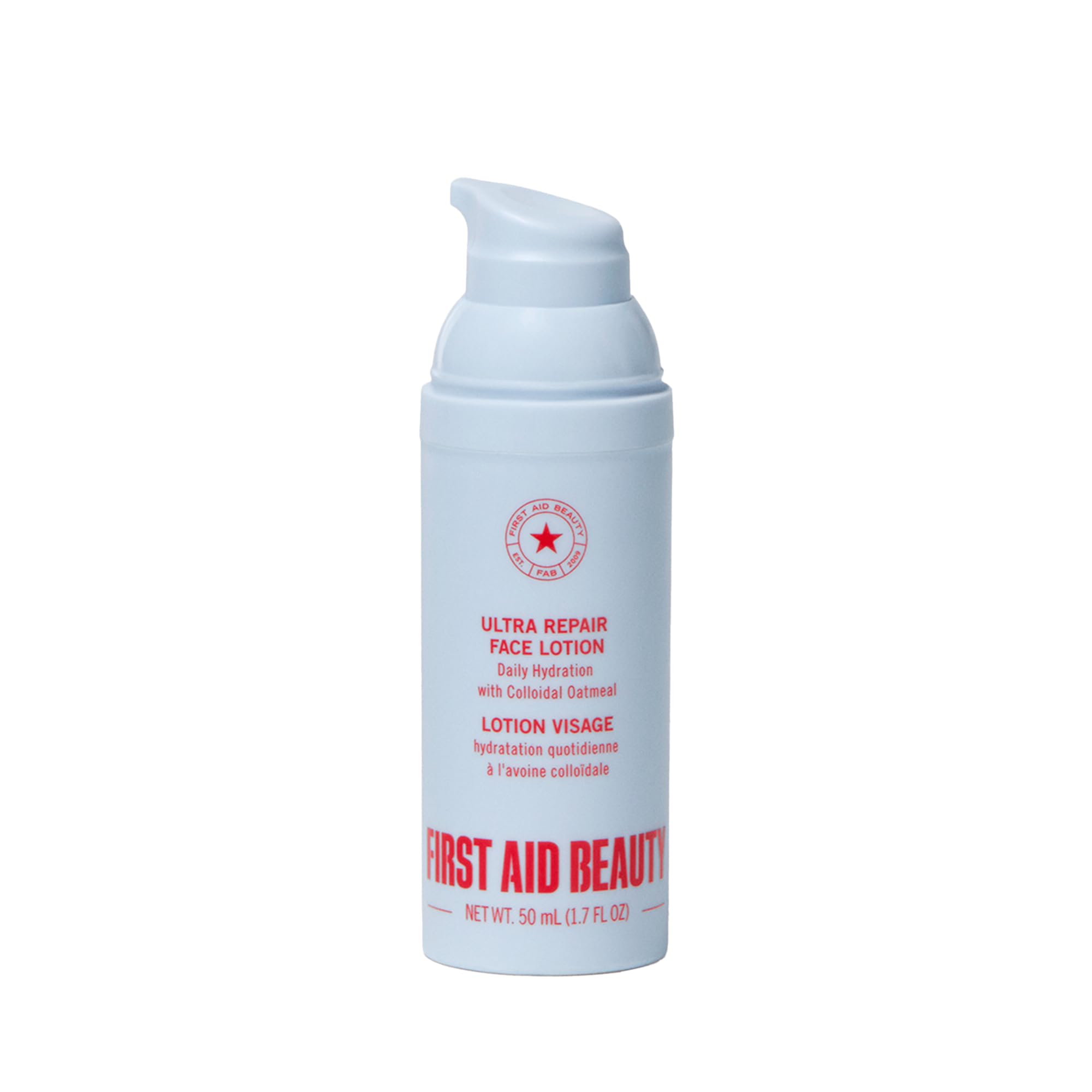 First Aid Beauty Ultra Repair Face Moisturizer bottle close-up, highlighting lightweight hydration and quick absorption.