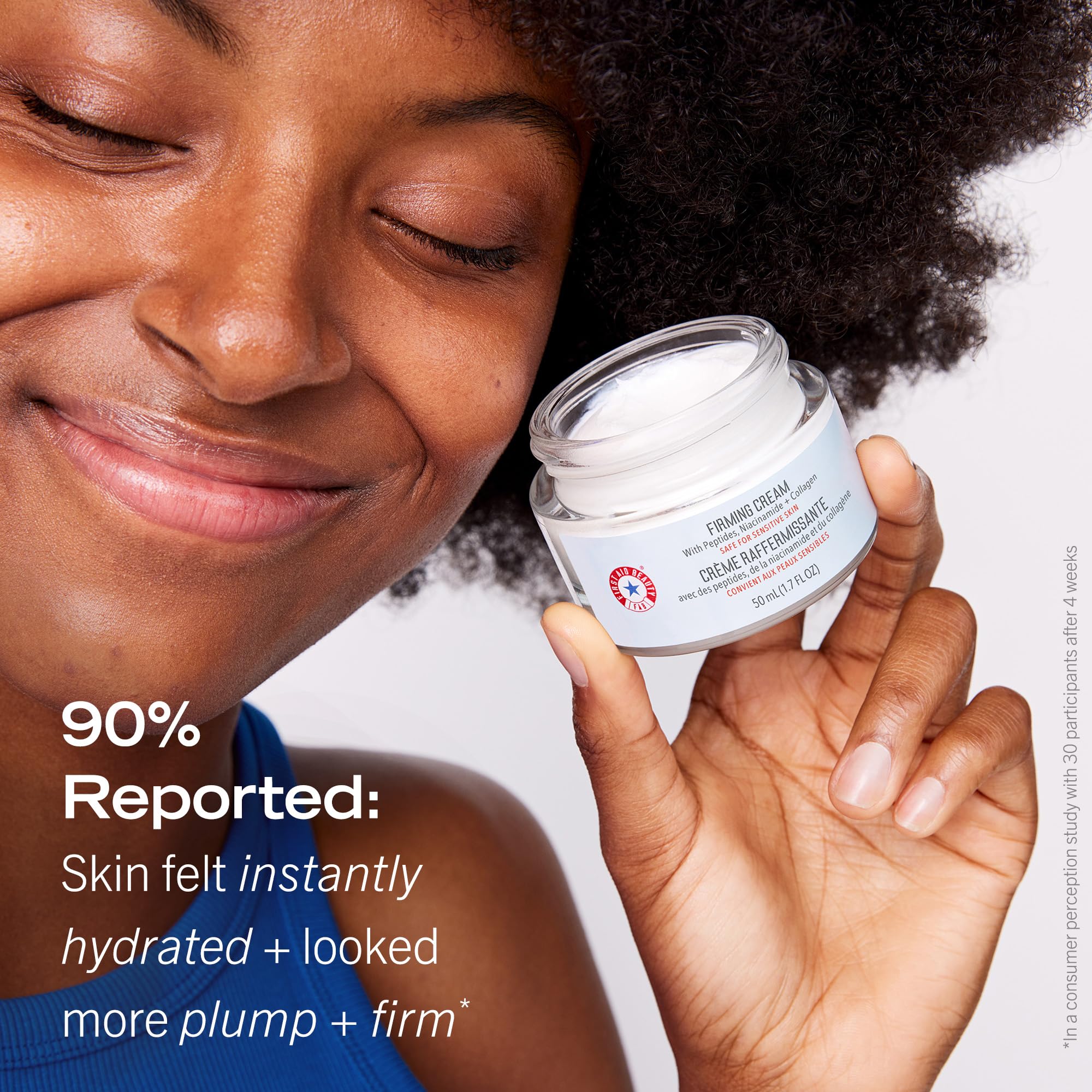 Packaging of First Aid Beauty Ultra Repair Firming Cream emphasizes recyclability