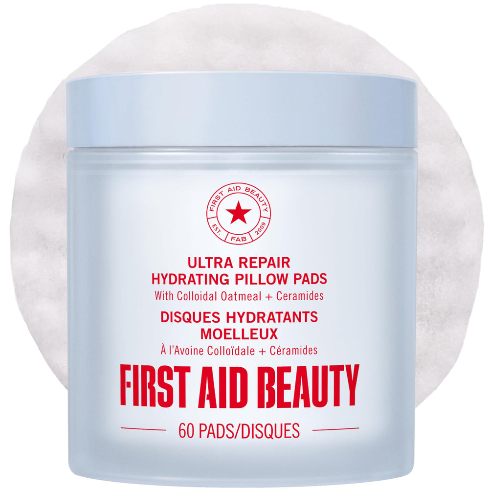First Aid Beauty Ultra Repair Pillow Pad pack shot showing hydrated, soothed skin