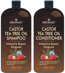 First Botany Castor Tea Tree Shampoo bottle pour for scalp refresh and fuller-looking hair