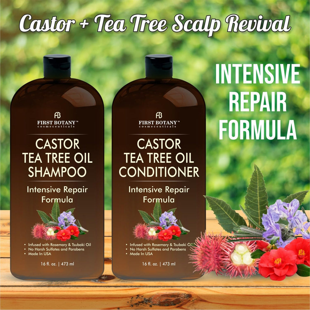 Close-up of First Botany Castor Tea Tree Shampoo ingredients highlighting nourishing oils