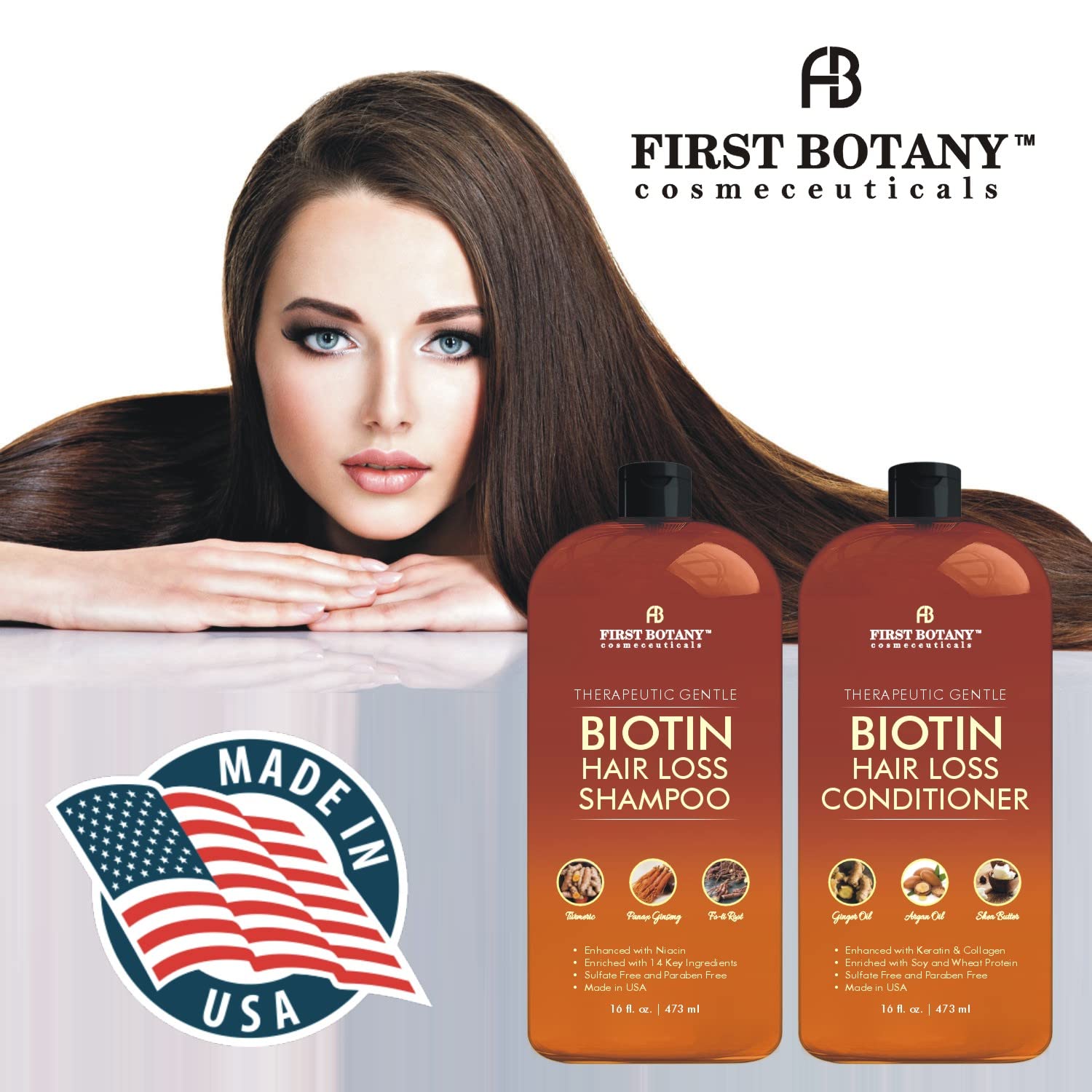 First Botany hair growth shampoo label close-up with natural ingredients.