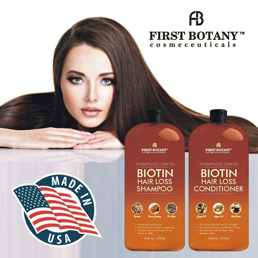 First Botany hair growth shampoo label close-up with natural ingredients.