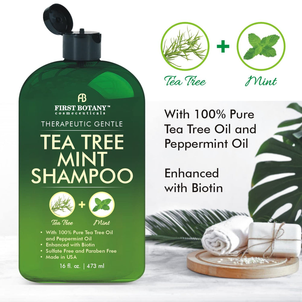 First Botany Tea Tree Mint Shampoo ingredients highlighting natural oils for soothing scalp