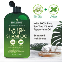 First Botany Tea Tree Mint Shampoo ingredients highlighting natural oils for soothing scalp