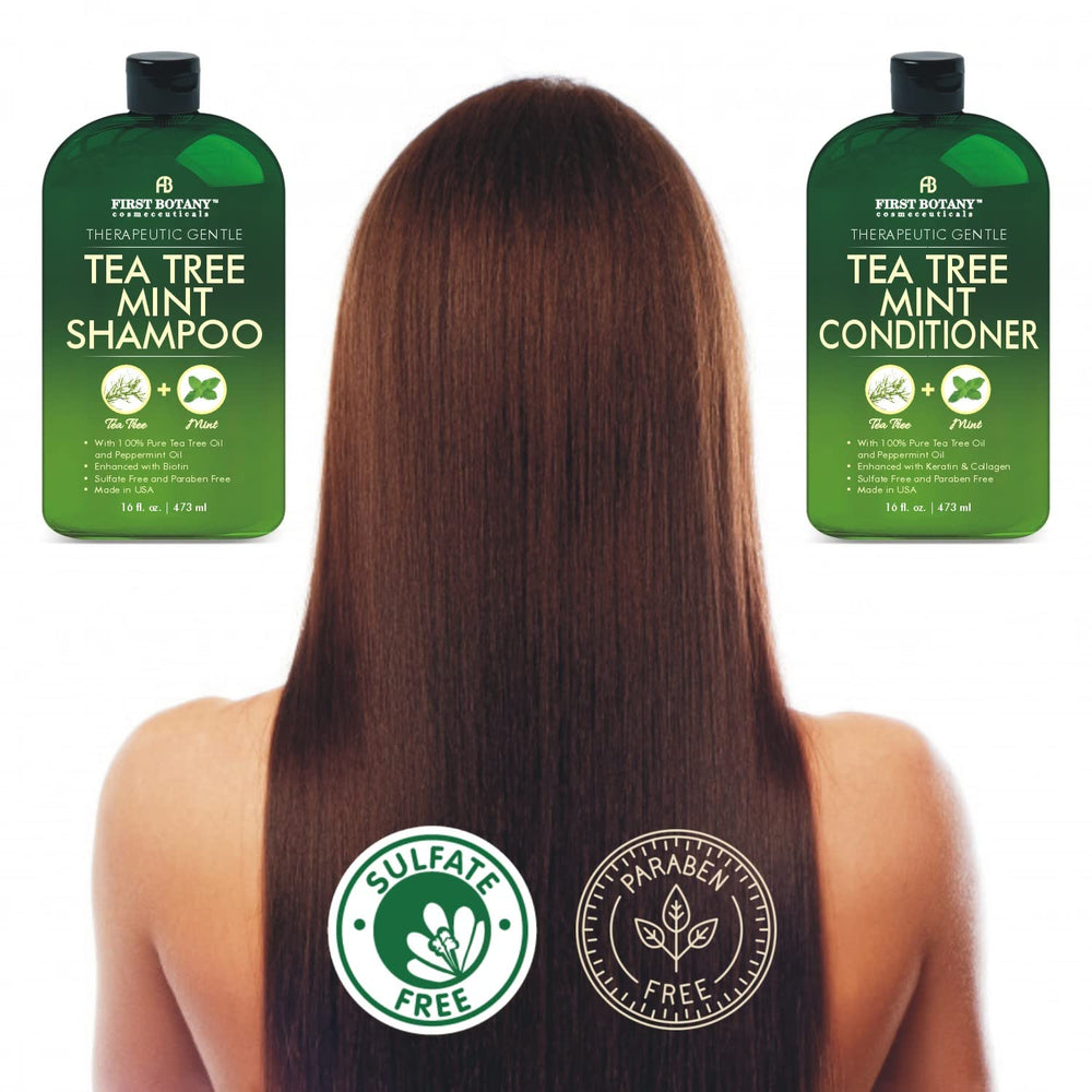 First Botany Tea Tree Mint Shampoo bottle in use for scalp massage
