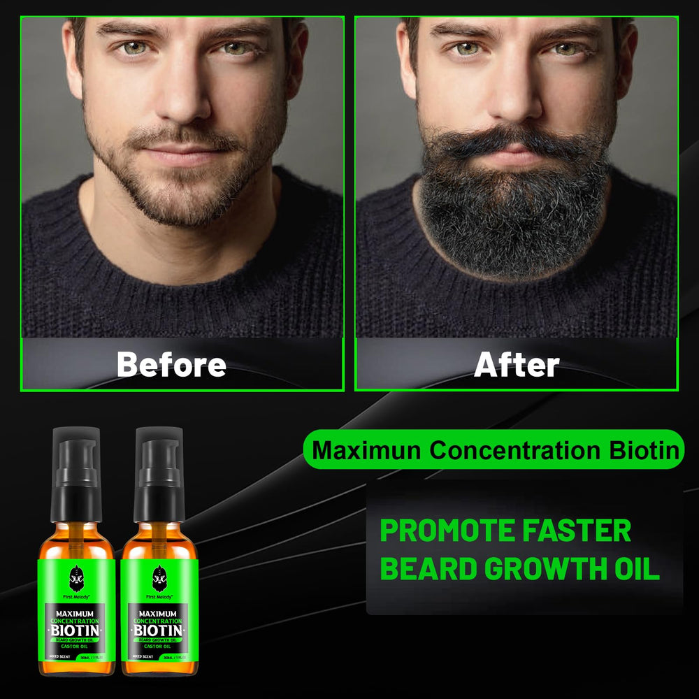 First Melody beard oil bottle highlighting argan and castor oils for beard nourishment.