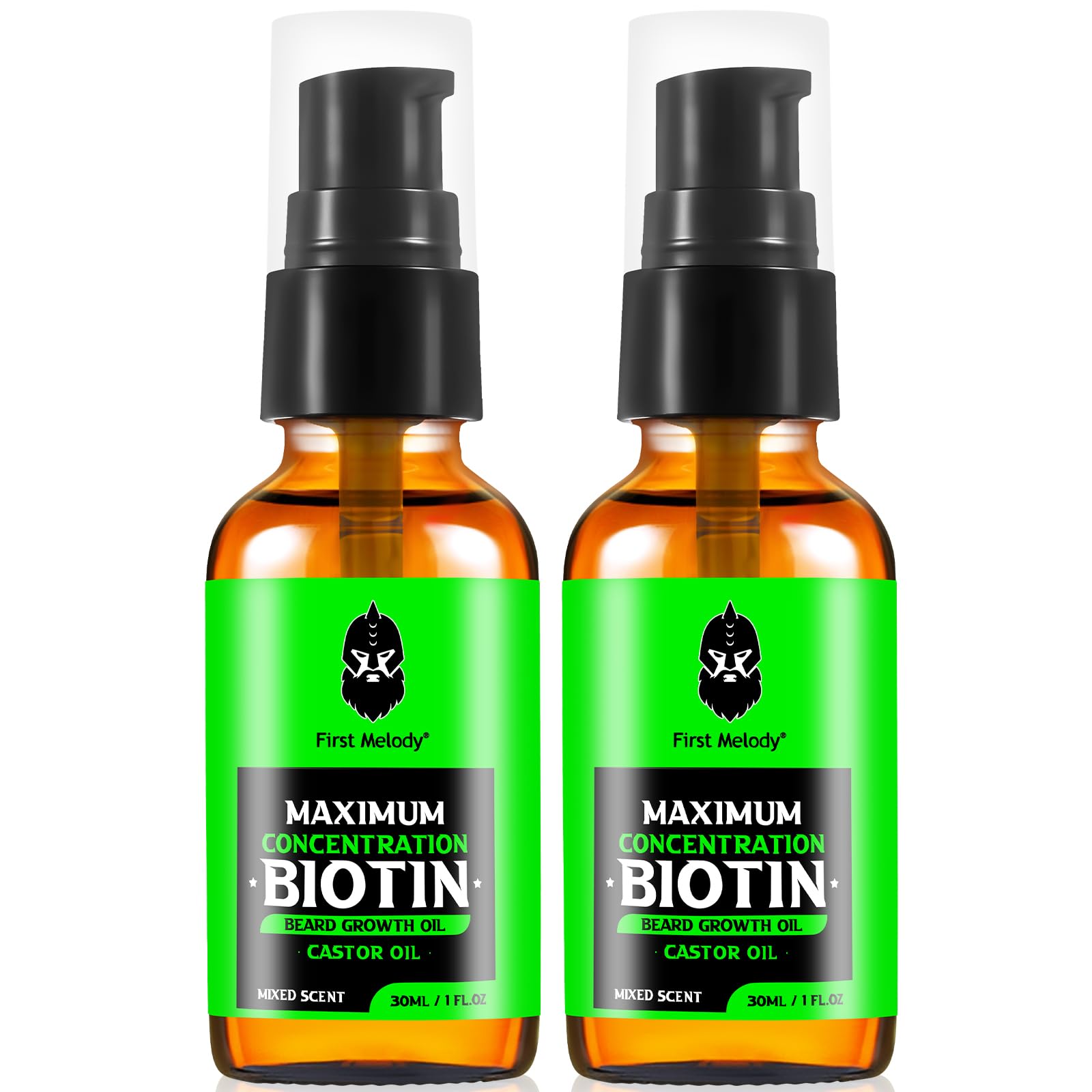 First Melody beard oil bottle showing biotin concentration for growth and conditioning.