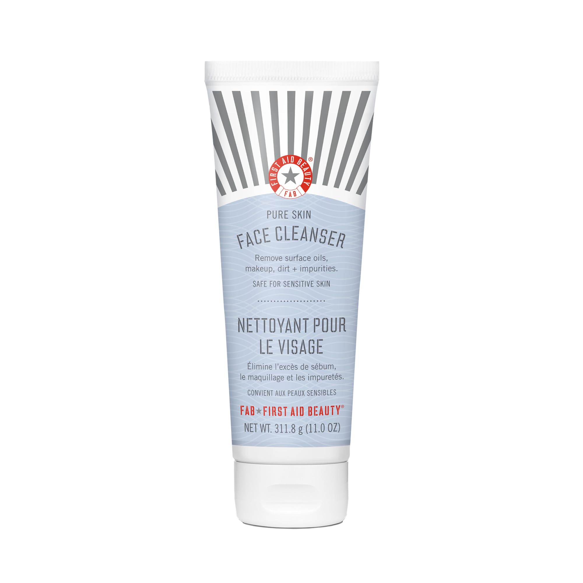 First Aid Beauty Pure Skin Face Cleanser bottle with fragrance-free formula for sensitive skin.