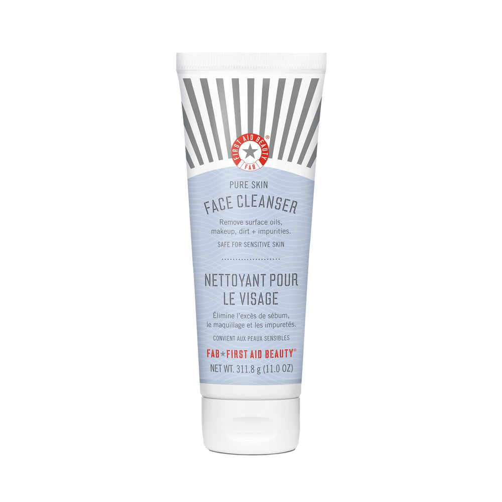 First Aid Beauty Pure Skin Face Cleanser bottle with fragrance-free formula for sensitive skin.