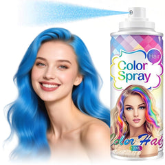 Firstfly blue temporary hair color spray bottle close-up highlights fast-drying formula for bold party looks.