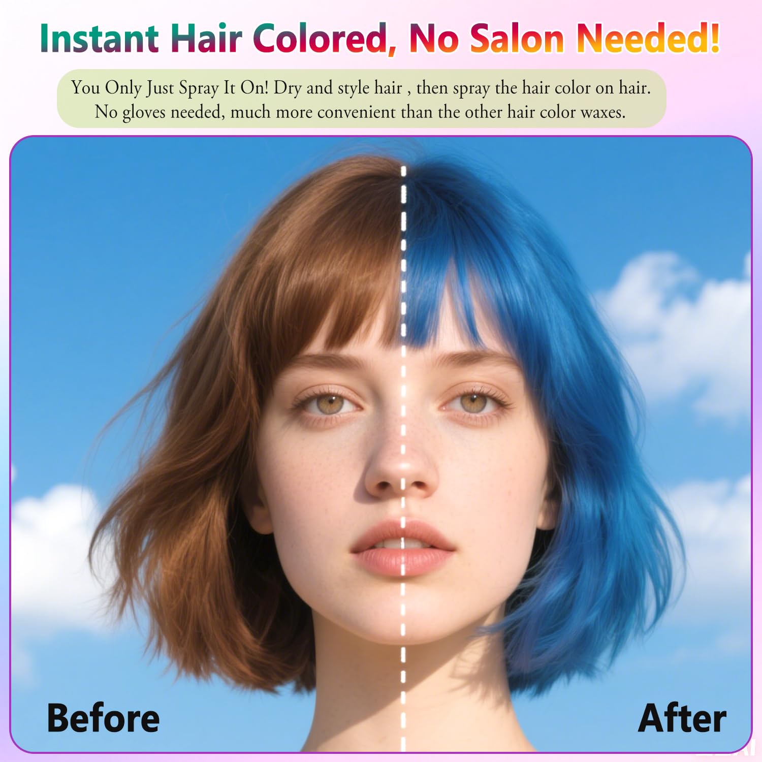 Firstfly blue temporary hair color spray on hair during drying with a non-sticky finish.