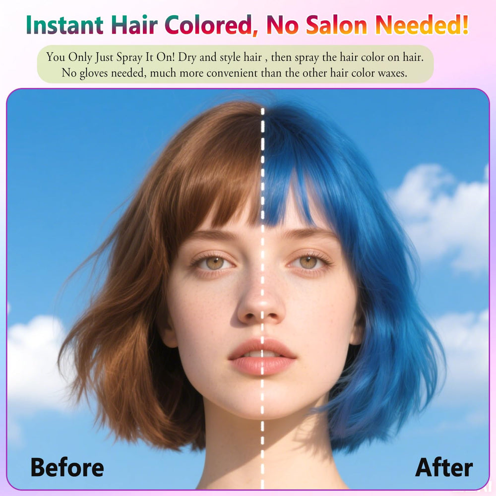 Firstfly blue temporary hair color spray on hair during drying with a non-sticky finish.