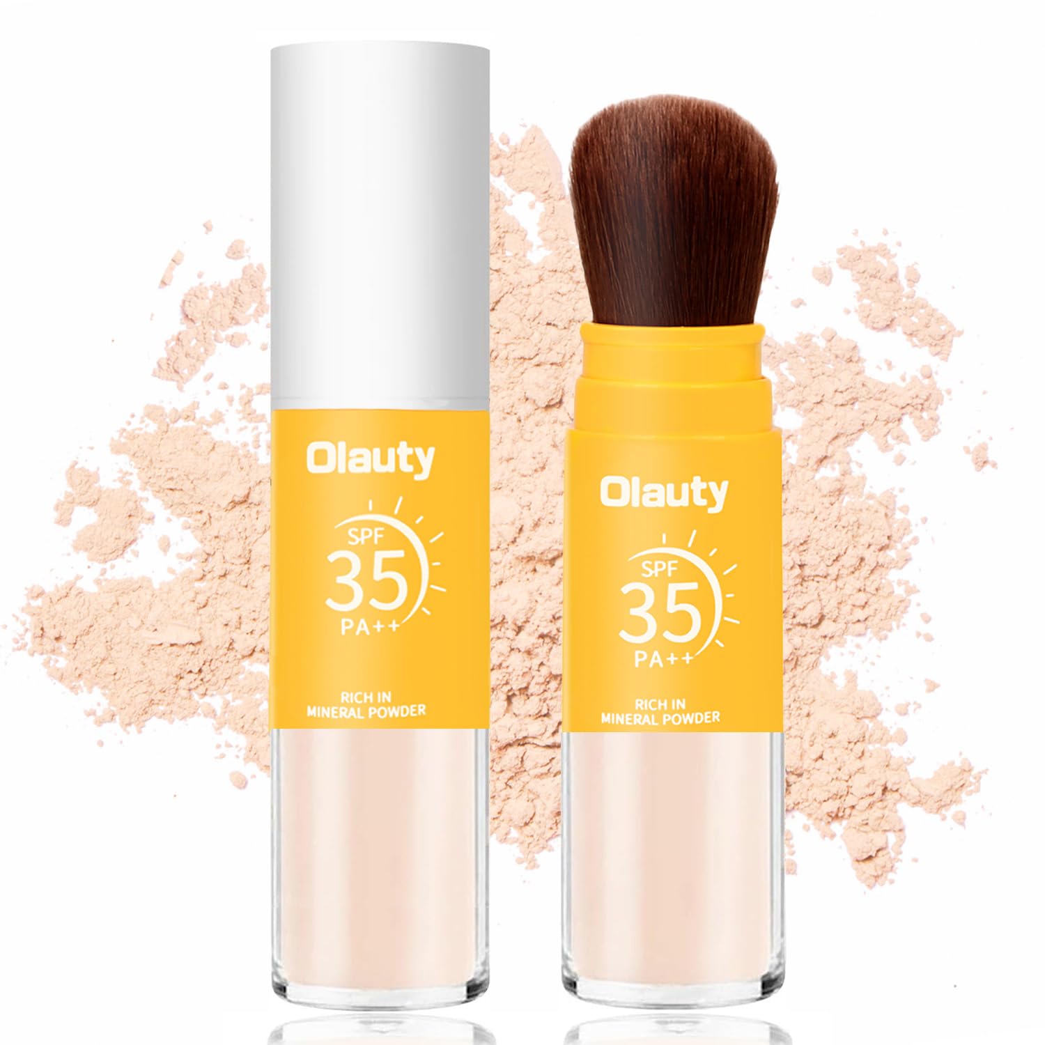 Firstfly mineral sunscreen setting powder bottle showing SPF 35 for all-day protection.
