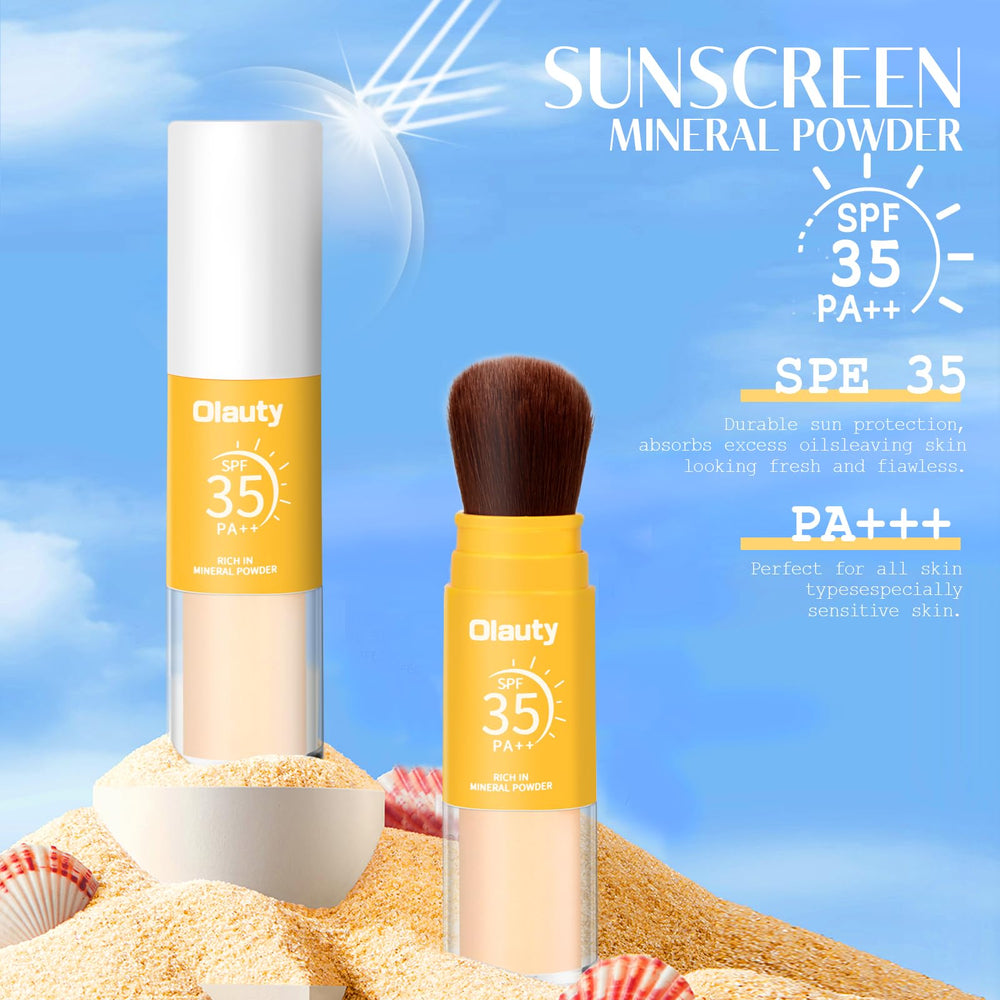 Firstfly setting powder brush applying translucent SPF on the face for oil control.