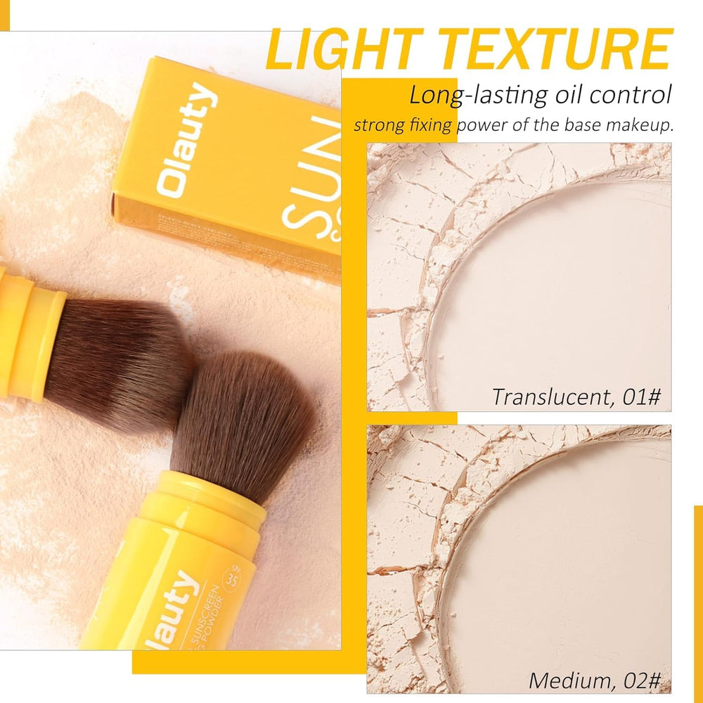 Firstfly SPF 35 powder with travel-friendly packaging shown in suitcase.