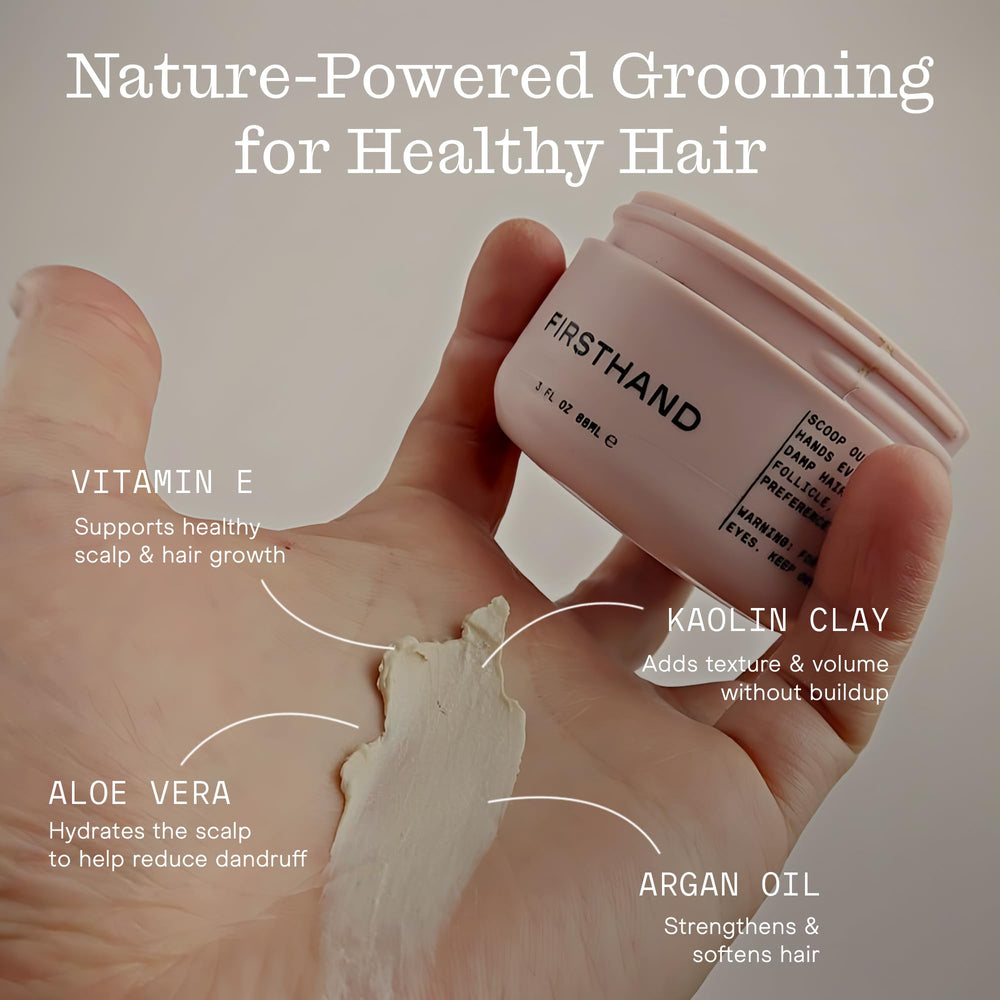 Firsthand Supply Hair Clay Pomade with dime-sized amount shown for easy distribution.