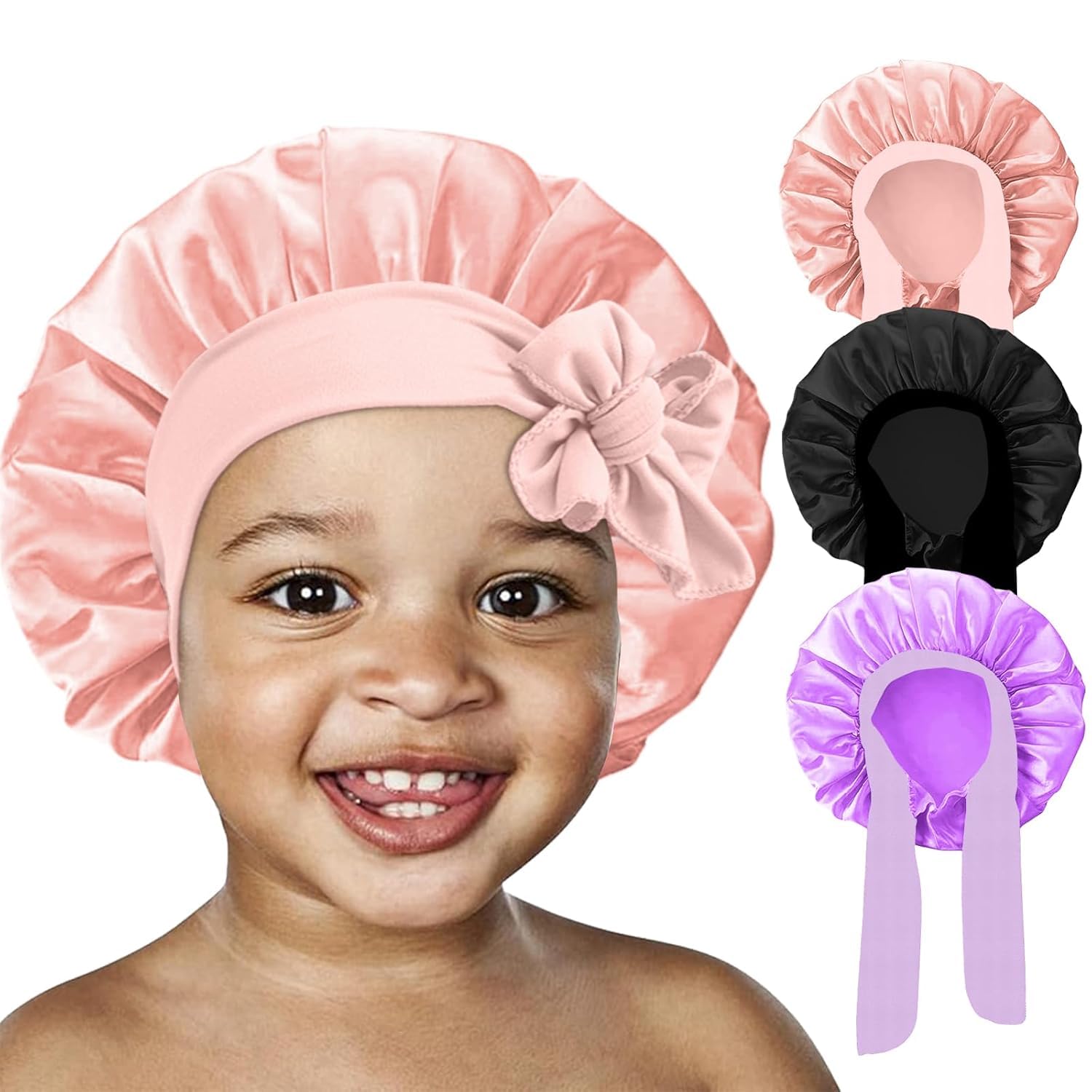FIRSTPELLA pink satin bonnet for overnight protection.