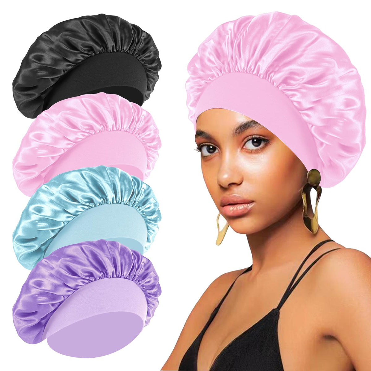 Gorro FIRSTPELLA satinado para dormir negro protege el cabello durante la noche.