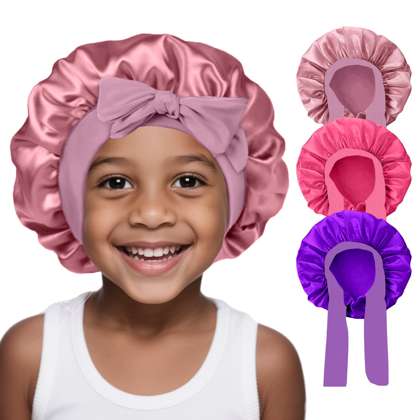 FirstPELLA kids silk bonnet pack in three colors protects curls while sleeping.