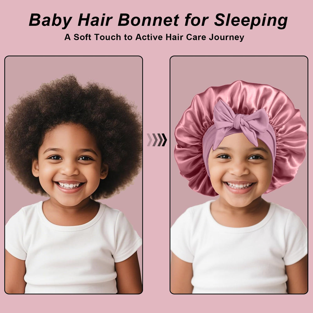 FirstPELLA kids silk bonnet with wide elastic band in use during bedtime.