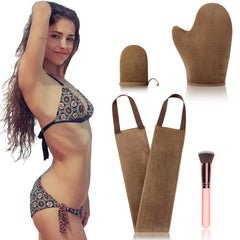 FIRSTPELLA self-tanner mitt delivers streak-free application with soft velvet texture.