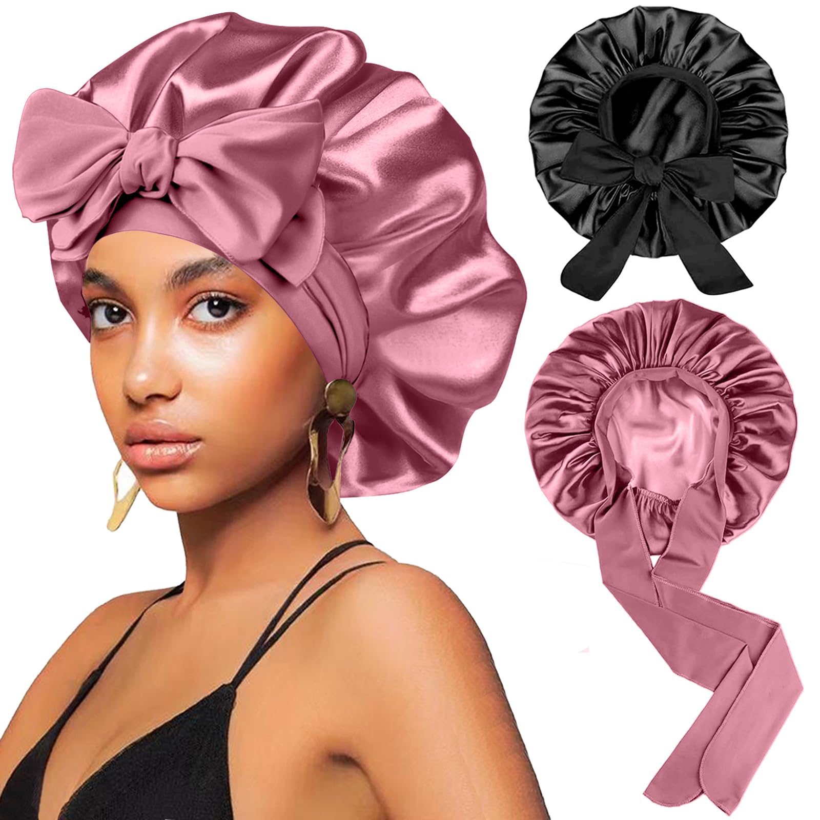 FIRSTPELLA silk hair bonnet for sleep; two-piece set protects curls overnight