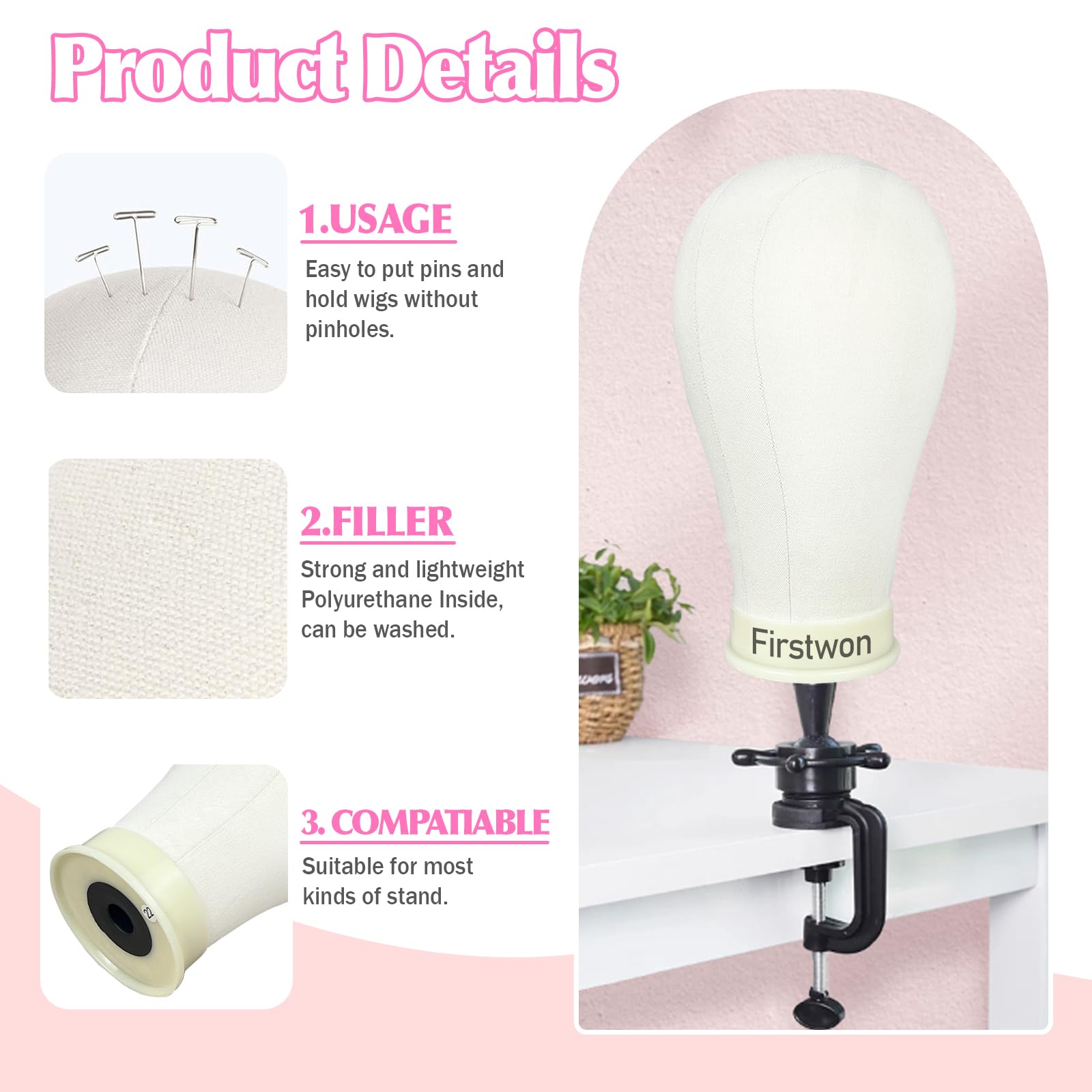 Firstwon wig head on tripod stand with adjustable display height
