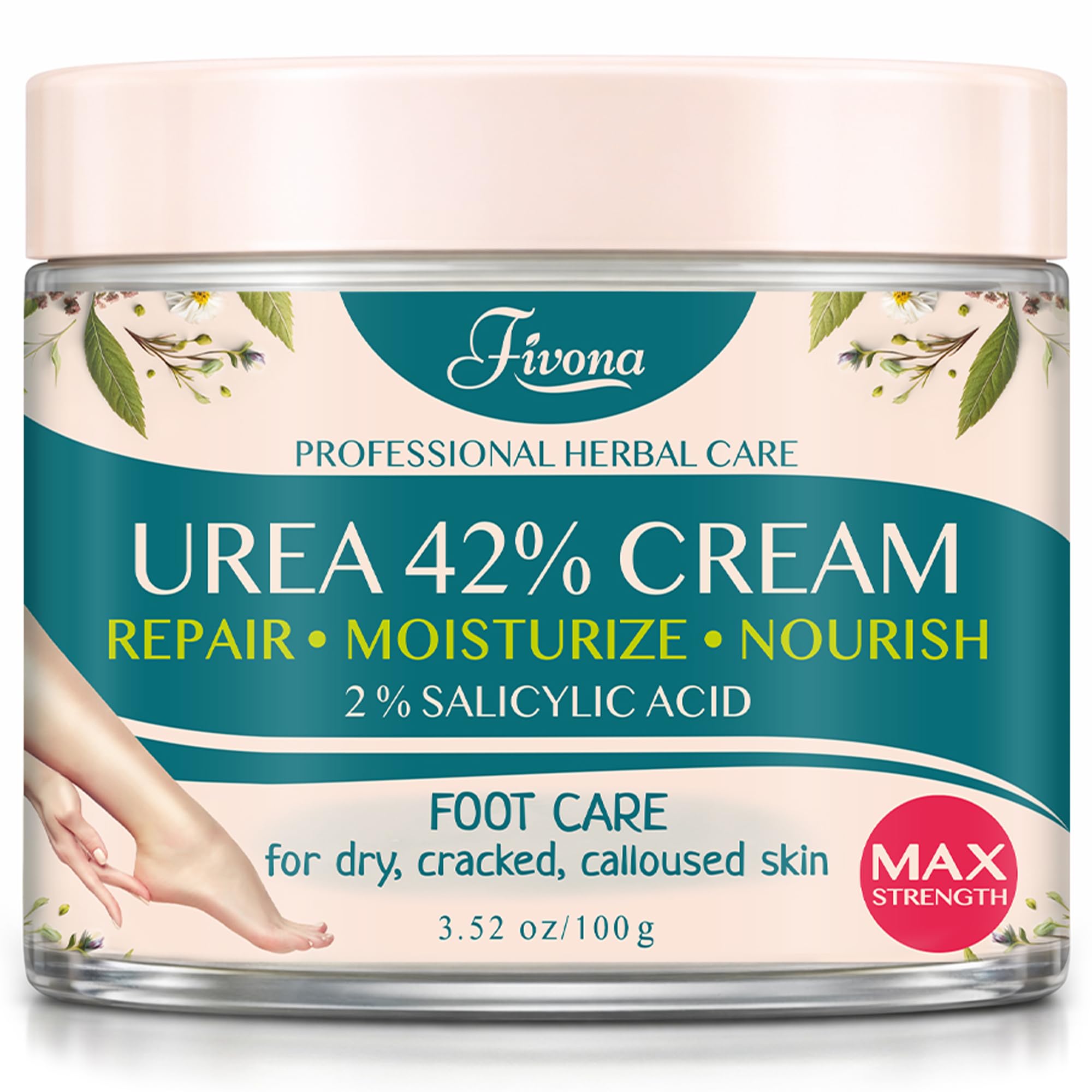 FIVONA 42% Urea foot cream jar front showing maximum strength for rough skin.