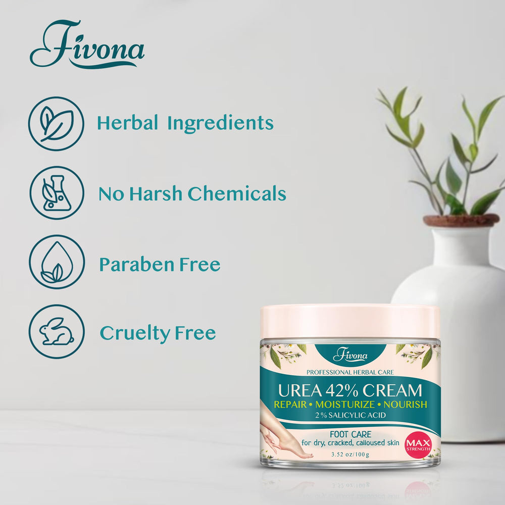Packaging display of FIVONA 42% Urea foot cream.