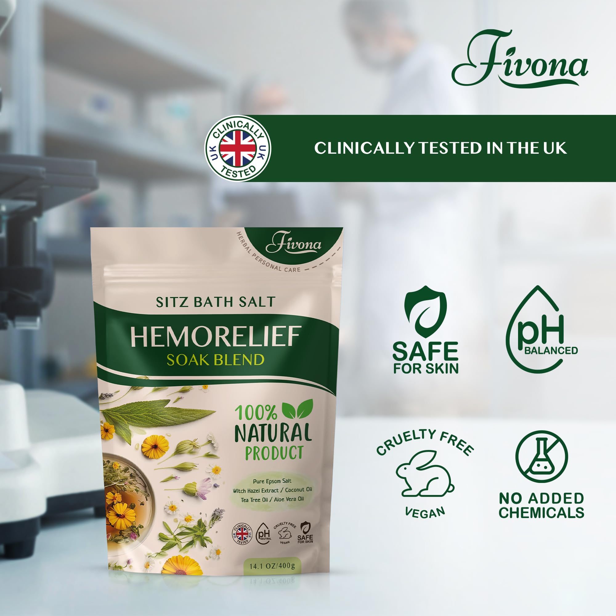 Producto FIVONA con sales epsom y hamamelis, favorece un remojo calmante.