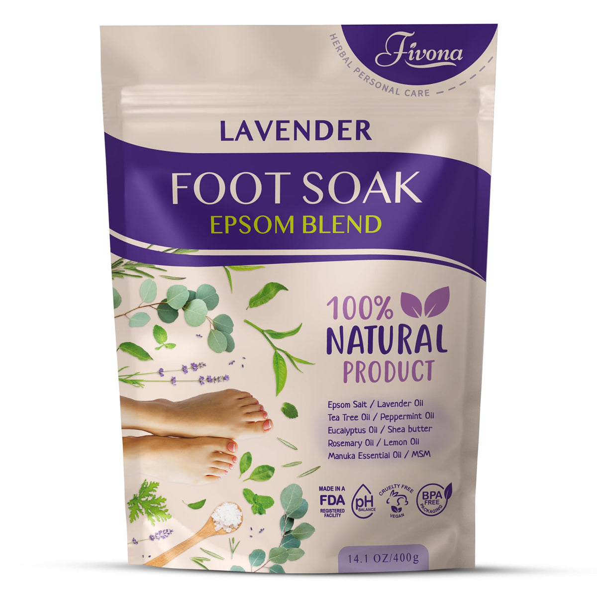 FIVONA sal epsom lavanda para pies, enfoque en empaque elegante.