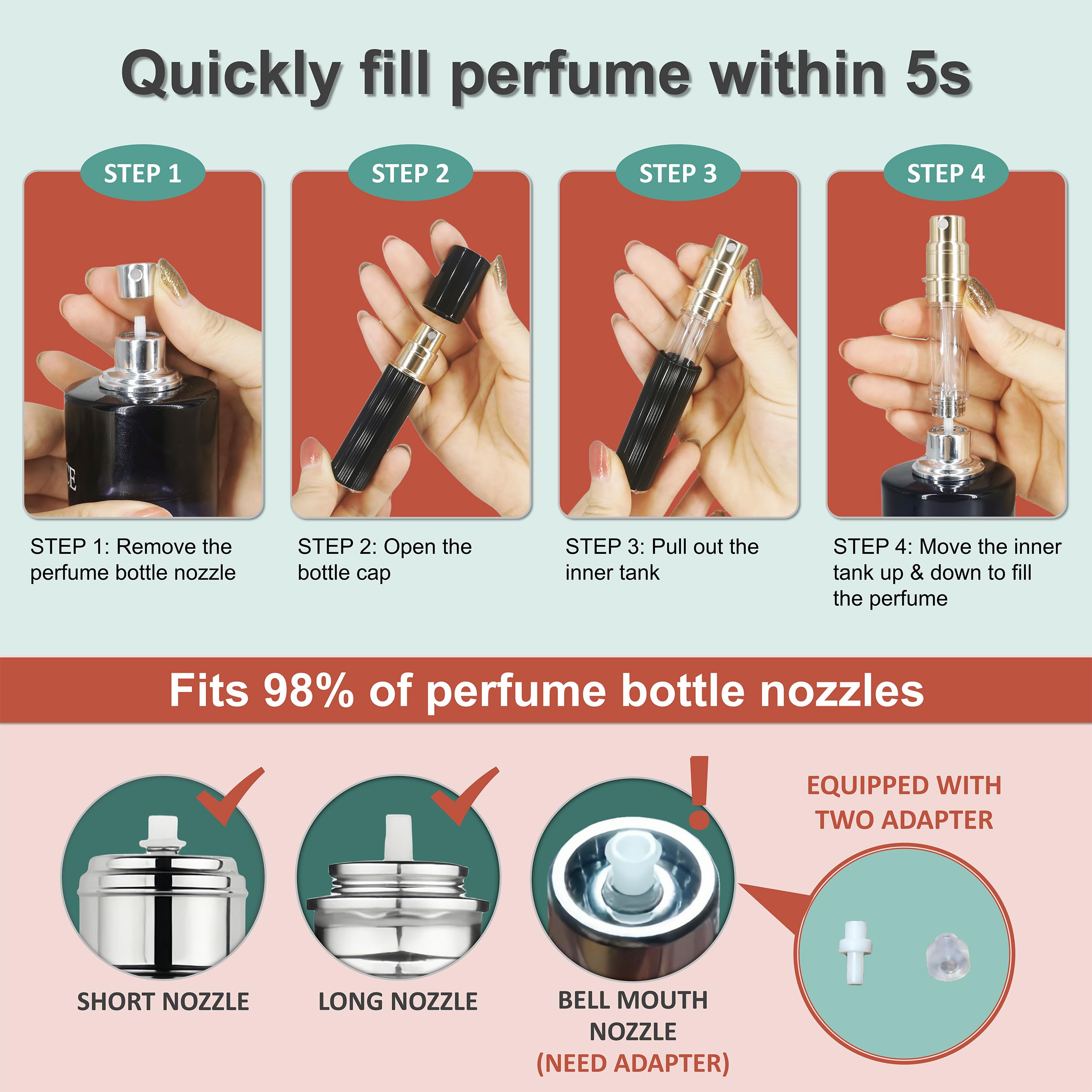 Fiwecos bottom-fill design for quick, mess-free perfume refills in seconds.