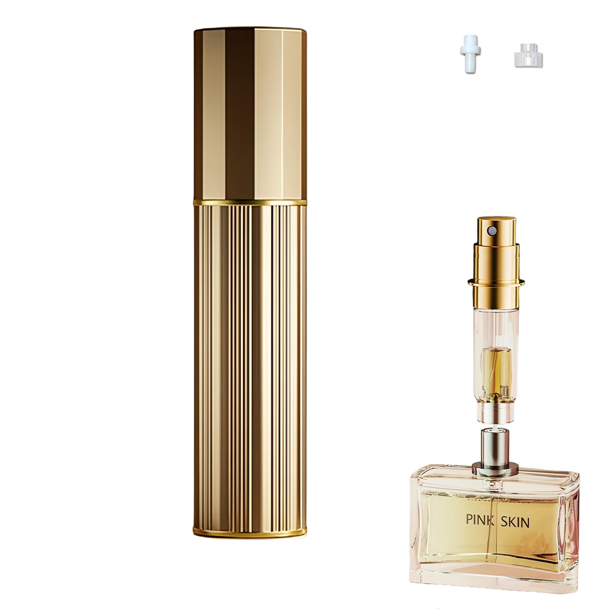 Fiwecos travel perfume bottle gold with bottom refill pump for on-the-go fragrance.