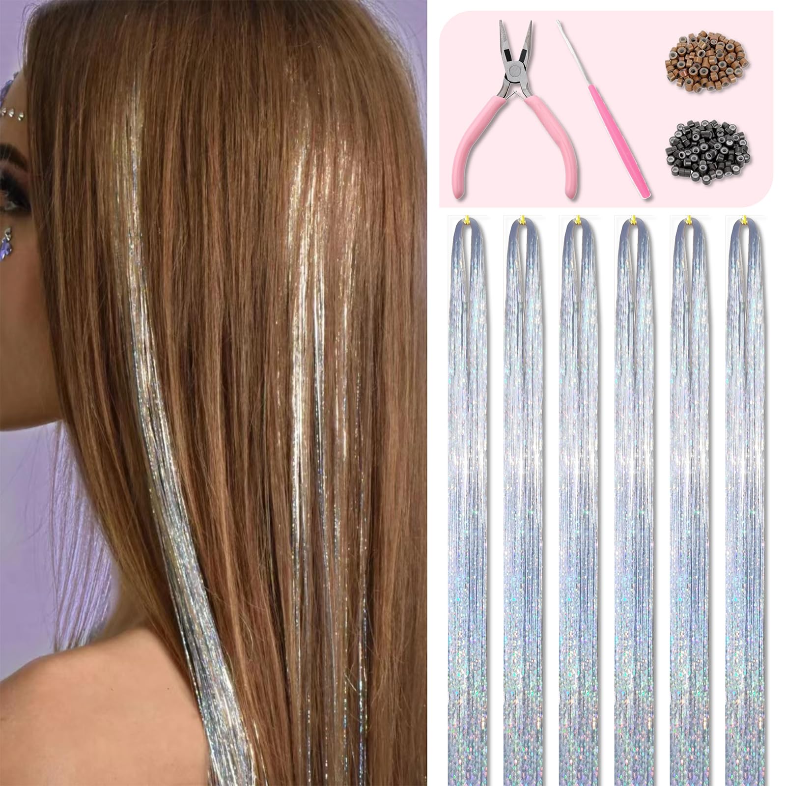 Fiwecos silver hair tinsel kit with 1200 strands for instant sparkle.