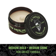 Fix Your Lid Forming Cream applying to hair, demonstrating quick styling for flexible hold.
