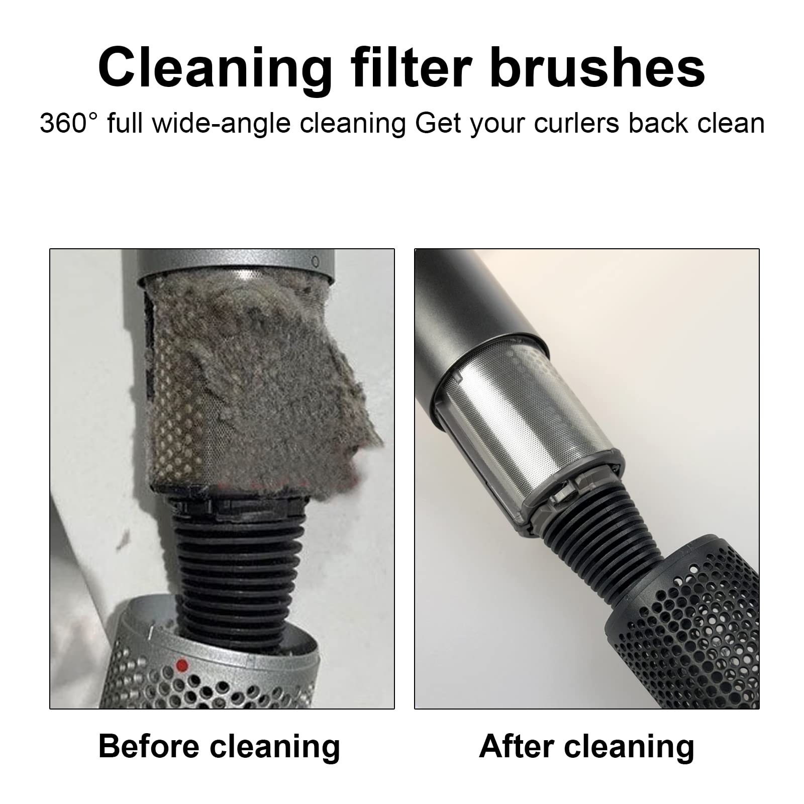 Open-hole design brush eases cleaning of Dyson Airwrap's filter.
