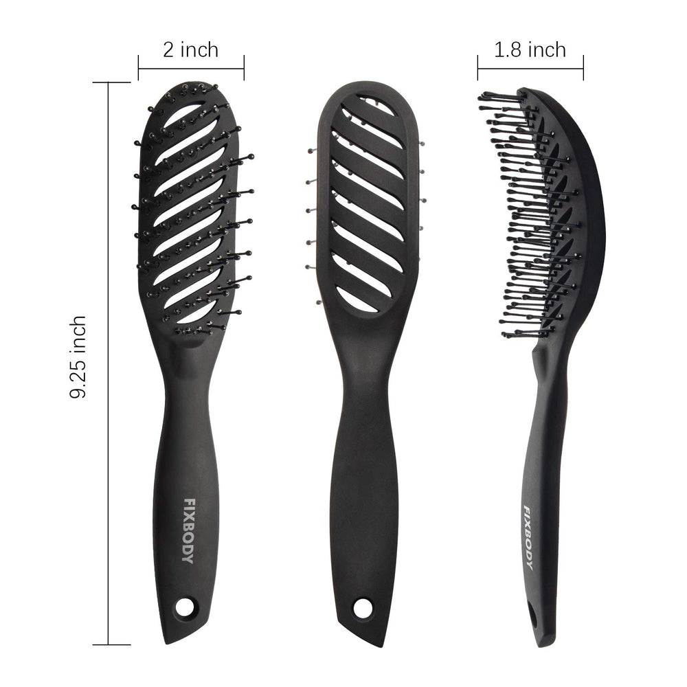 FIXBODY curved-vent brush demonstrating faster blow-dry results on hair