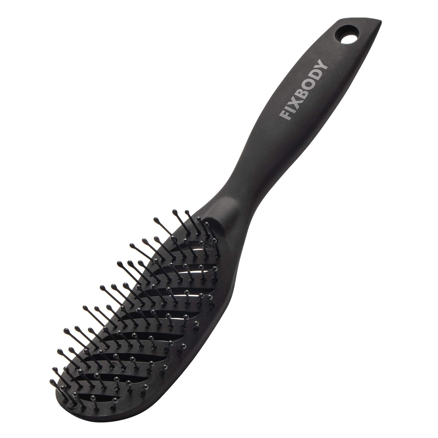 FIXBODY curved-vent brush showing curved design for comfortable detangling along scalp contours