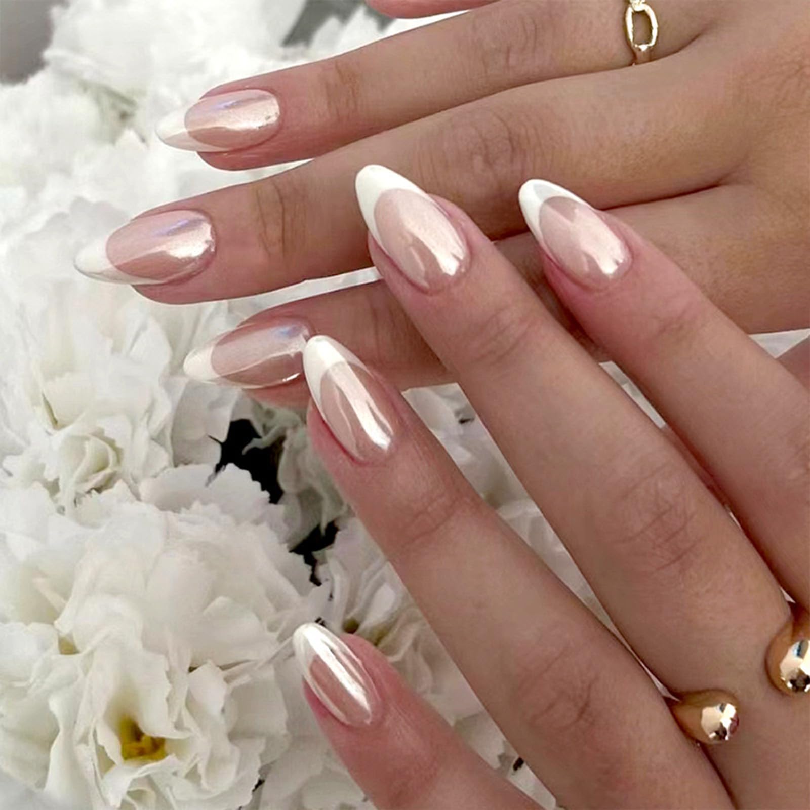 FJSMTOPl French tip nails with chrome design for quick salon-at-home manicure