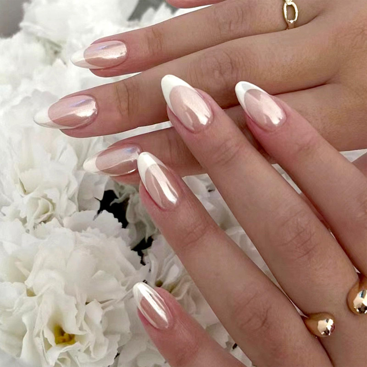 FJSMTOPl French tip nails with chrome design for quick salon-at-home manicure