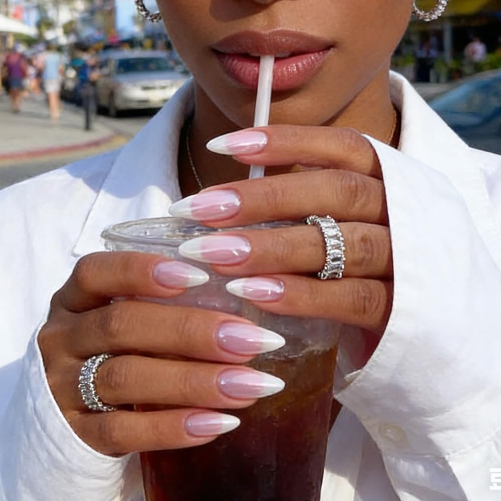 FJSMTOPl almond nails close-up showing sleek shape for at-home use