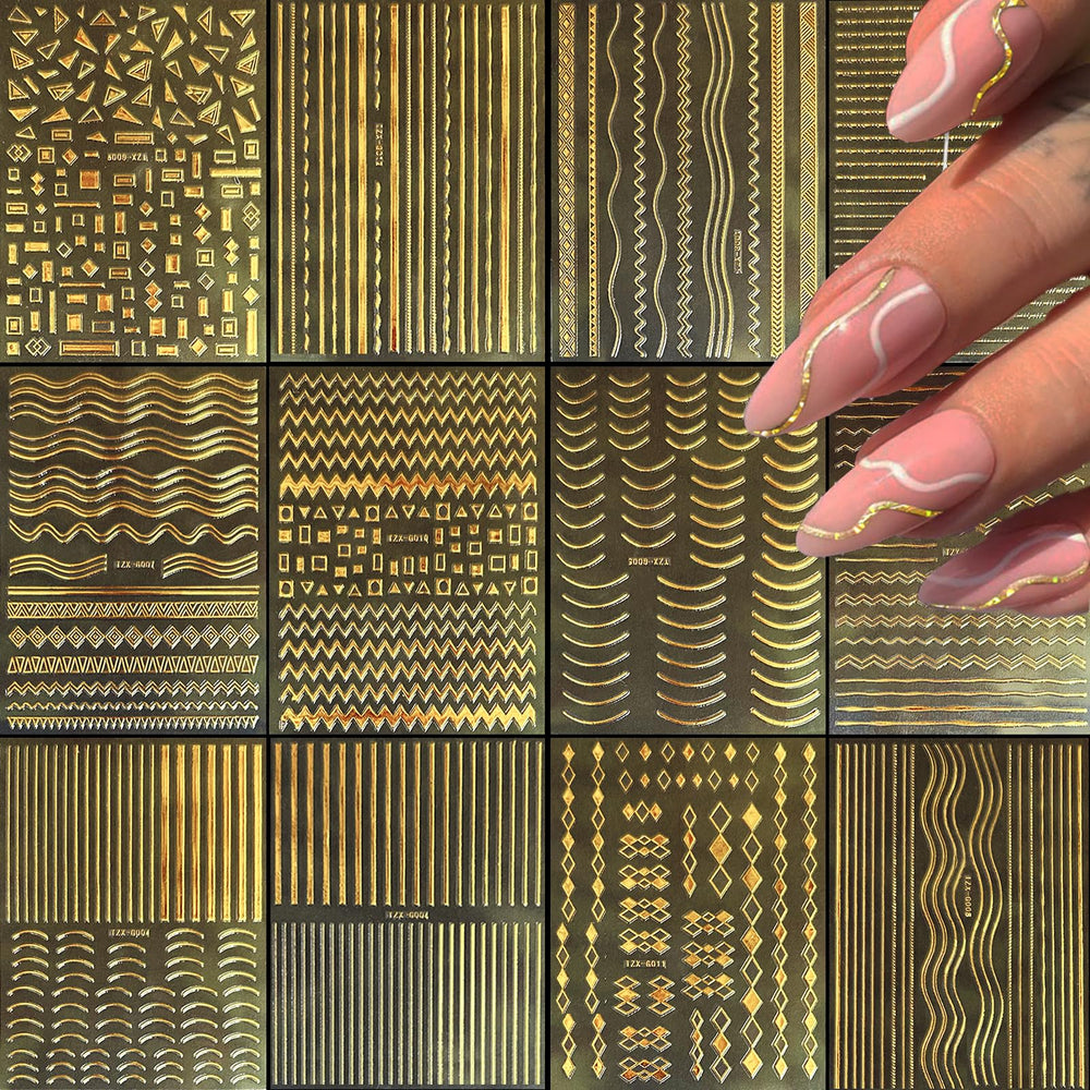 FJSMTOPl: diseños de uñas doradas con ondas geométricas para un look moderno.